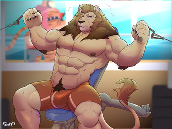 abs anthro biceps bottomwear bulge clothed clothing exercise fur hair long_hair male muscular muscular_anthro muscular_male nipples pecs pubes shorts solo topless workout folsky leolex felid lion mammal pantherine 2018 4:3 digital_media_(artwork) hi_res