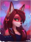 2018 3:4 anthro bow_(feature) brown_hair canid canine digital_media_(artwork) ear_piercing female green_eyes hair heterochromia hi_res jewelry mammal necklace piercing solo tailhug_(artist)
