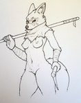 anthro bandage breasts facial_markings female genitals head_markings holding_object holding_weapon kama_(weapon) markings mask_(marking) navel nipples pussy simple_background solo weapon weapon_on_shoulder foxovh teenage_mutant_ninja_turtles alopex arctic_fox canid canine fox mammal true_fox 2019 hi_res line_art traditional_media_(artwork)