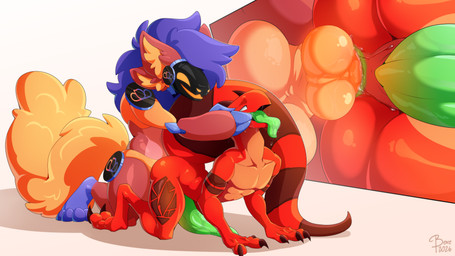 2_toes 3_fingers all_fours anal anal_penetration big_penis big_tail brown_body brown_fur butt duo feet finger_in_mouth fingers fur genitals glowing glowing_genitalia glowing_penis green_insides kneeling knot knotted_penis machine male male/male male_penetrated male_penetrating male_penetrating_male mouth_hold open_mouth orange_body orange_fur penetration penis purple_fluff red_body red_skin sex tail tattoo toes tongue tongue_out bere_dolly_art kumo_(lewdchy18) rebal_(malicious) lizard protogen reptile scalie absurd_res hi_res