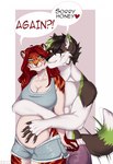 anthro athletic athletic_anthro athletic_male belly big_belly bottomwear breasts cleavage clothed clothing dialogue duo eyes_closed female fur hair hand_on_belly hug hugging_another hugging_from_behind male male/female pregnant pregnant_anthro pregnant_female red_hair romantic romantic_ambiance romantic_couple shorts simple_background smile speech_bubble standing tail tail_motion tailwag text topless topless_anthro topless_male topwear white_body white_fur creativeevil eevi_(creativeevil) canid canine canis felid mammal pantherine tiger wolf digital_media_(artwork) english_text hi_res