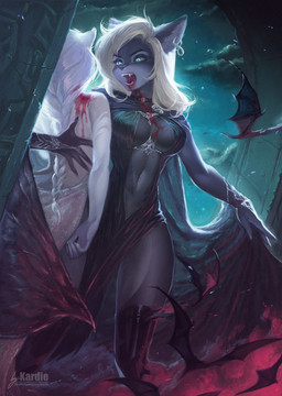 anthro blood bodily_fluids breasts cape clothed clothing duo_focus ear_piercing fangs female group hair looking_at_viewer navel open_mouth outside piercing standing teeth kardie canid canine mammal vampire hi_res