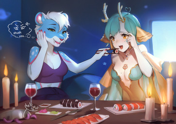 anthro blue_body blue_fur blue_hair candle cheek_tuft clothed clothing container cup drinking_glass duo_focus eating eyelashes facial_tuft fangs female female_anthro female_humanoid food fur glass glass_container glass_cup green_eyes group hair inside markings open_mouth open_smile orange_eyes pale_skin pink_markings smile sushi teeth trio tuft white_body white_fur white_hair wine_glass shermugi jade_(wolfmaster96370) felid humanoid mammal hi_res