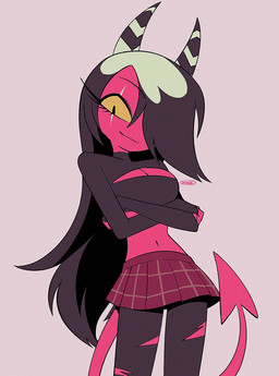 2_horns black_hair bottomwear breasts cleavage_cutout clothed clothing cutout eye_scar eyelashes facial_scar female hair hair_over_eye horn legwear long_hair medium_breasts not_furry pupils red_body red_skin scar skirt slit_pupils solo spade_tail tail tights torn_clothing torn_legwear torn_tights yellow_sclera enaic31 hellaverse helluva_boss sallie_may_(helluva_boss) demon demon_humanoid humanoid imp absurd_res hi_res trans_(lore) trans_woman_(lore)