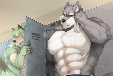 abs anime_nosebleed anthro biceps blood bodily_fluids clothed clothing duo fur green_body green_fur grey_body grey_fur kemono locker locker_room male multicolored_body multicolored_fur muscular muscular_male nosebleed red_eyes surprised topless mono_g moji canid canine canis mammal wolf 2018 digital_media_(artwork) hi_res