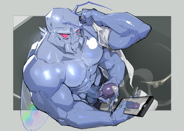 abs anthro balls biceps bodily_fluids cum electronics erection genital_fluids genitals glans male mandibles masturbation multi_eye muscular muscular_anthro muscular_male pecs penis phone solo dendryte_axxon arthropod absurd_res hi_res