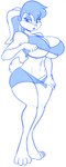 absurd_res adjusting_clothing anthro areola areola_slip big_breasts blue_and_white bottomwear breasts clothing crop_top female hair hi_res lagomorph leporid lola_bunny looking_down looney_tunes mammal monochrome rabbit rabbit_ears shirt short_hair shorts simple_background skidd solo standing topwear warner_brothers white_background