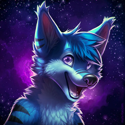 anthro backlighting black_nose black_stripes blue_body blue_fur blue_hair cheek_tuft chest_tuft cosmic_background ear_tuft facial_tuft fangs fur glistening glistening_eyes glistening_nose hair light looking_at_viewer male nebula neck_tuft nude open_mouth open_smile pink_tongue purple_eyes short_hair simple_background smile solo space space_background star stripes teeth text tongue tuft mylafox canid canine canis mammal wolf 1:1 2017 bust_portrait detailed icon lighting portrait url