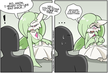 blush bodily_fluids breasts crying dialogue duo ellipsis exclamation_point female hair humor not_furry open_mouth red_eyes simple_background slim speech_bubble sweat tears text zedrin nintendo pokemon anon marissa_(zedrin) gardevoir generation_3_pokemon humanoid mammal pokemon_(species) 2019 comic english_text