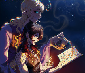 ahoge alternative_fashion arm_tattoo black_lips black_lipstick blonde_hair blue_eyes book cigarette cigarette_in_mouth claws clothed clothing curly_hair duo ear_piercing fire glowing glowing_eyes goth grin hair heavily_pierced heavily_tattooed helix_piercing holding_lighter holding_object humanoid_pointy_ears lighter lips lipstick long_hair makeup male night not_furry object_in_mouth piercing pointy_ears sharp_teeth shirt shoulder_tattoo smile smoke smoking smoking_cigarette tank_top tattoo teeth text topwear vest blackberreh the_magnus_archives gerard_keay michael_shelley the_distortion entity_(tma) human humanoid mammal spiral_(tma) absurd_res colored digital_media_(artwork) hi_res