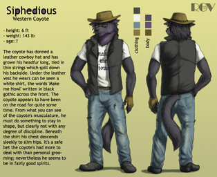 anthro belt biped black_nose bottomwear cheek_tuft claws clothed clothing color_swatch cowboy_hat denim denim_bottomwear denim_clothing dreadlocks ear_piercing eyewear facial_tuft fingerless_gloves footwear fully_clothed fur furgonomics glasses gloves hair hand_on_hip handwear hat headgear headwear jeans looking_at_viewer male open_clothing open_topwear open_vest pants piercing purple_body purple_fur purple_hair question_mark shirt shoes simple_background solo standing tail tail_clothing text topwear tuft vest rov siphedious canid canine canis coyote mammal 2013 digital_media_(artwork) english_text model_sheet watermark