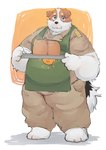 anthro apron black_nose bottomwear bread brown_body clothing food humanoid_hands kemono male overweight overweight_male pants shirt solo topwear white_body l4zily canid canine canis domestic_dog mammal 2022 absurd_res hi_res