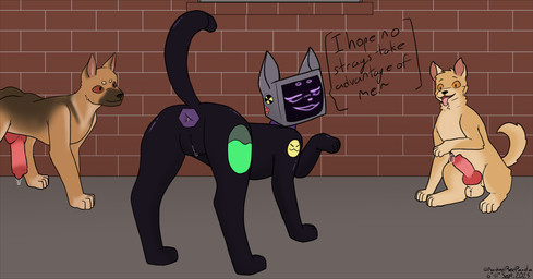 animal_genitalia animal_penis anus balls bodily_fluids butt canine_genitalia canine_penis collar dialogue erection female feral fur genital_fluids genitals group humanoid_genitalia humanoid_genitalia_on_feral humanoid_vulva humanoid_vulva_on_feral knot knotted_penis male open_mouth penis precum sheath simple_background smile speech_bubble tail teasing text trio vulva rankedredpanda delta_mew_(rankedredpanda) canid canine canis domestic_cat domestic_dog felid feline felis mammal robot_feral digital_drawing_(artwork) digital_media_(artwork) english_text hi_res signature