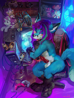 animal_genitalia animal_penis anthro balls black_body black_ears black_fur black_nose blue_body blue_ears blue_fur blush canine_genitalia canine_penis computer computer_keyboard dipstick_ears ear_markings electronics erection fur genitals glistening glistening_nose gloves_(marking) hair inner_ear_fluff leg_markings looking_at_viewer male markings microphone monitor multicolored_ears narrowed_eyes nude open_mouth penis plantigrade plushie purple_hair red_eyes red_penis red_tongue sheath sitting socks_(marking) solo tongue tongue_out tuft white_balls white_body white_fur white_inner_ear_fluff white_sheath oselotti nyaaa_foxx canid canine fox mammal 2023 absurd_res hi_res signature