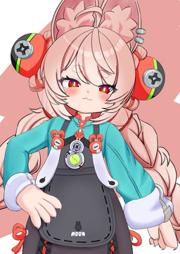5_fingers ahoge anthro braided_pigtails claws clothed clothed_anthro clothed_female clothing ear_piercing ear_ring female fingers flat_chested fully_clothed fully_clothed_anthro fully_clothed_female fur hair inner_ear_fluff overall_dress piercing pink_body pink_fur pink_hair red_eyes ring_piercing solo tuft to-jo mihoyo zenless_zone_zero zhao_(zenless_zone_zero) lagomorph leporid mammal rabbit thiren 2026 absurd_res half-length_portrait hi_res portrait