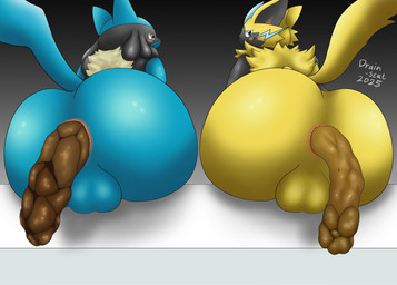 anthro anus balls big_butt blue_body blue_eyes blue_fur brown_eyes butt duo feces feces_in_ass fur genitals glistening glistening_body hip_to_hip looking_at_viewer looking_back looking_back_at_viewer male pooping pooping_together raised_tail rear_view simple_background sitting tail wide_hips yellow_body yellow_fur drain_scat nintendo pokemon generation_4_pokemon generation_7_pokemon legendary_pokemon lucario mammal pokemon_(species) zeraora 2025 hi_res