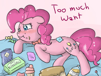 alcohol beverage blue_eyes bottle bow_(feature) bow_tie candy chips_(food) chocolate container cupcake cutie_mark dessert eating female feral food fur hair pink_body pink_fur pink_hair quadruped simple_background solo tail text speccysy friendship_is_magic hasbro my_little_pony pinkie_pie_(mlp) earth_pony equid equine horse mammal pony 2012 4:3 english_text source_request