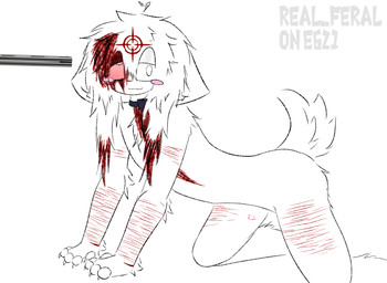 ambiguous_gender anthro blood bloodshot_eyes blush blush_lines bodily_fluids claws collar crosshair floppy_ears fur gore gun hair kneeling_position lazy_eye messy_hair ranged_weapon scar self-harm self-harm_scars shock_collar short_tail shotgun solo tail weapon white_body white_fur real_feral preychan felid feline mammal distracting_watermark hi_res sketch watermark