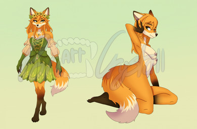 4_toes 5_fingers anthro areola armwear bangs barefoot bent_arm bent_legs biped black_claws black_eyebrows black_nose breasts brown_body brown_fur brown_tail cheek_tuft claws closed_frown clothed clothed_anthro clothed_female clothing dipstick_tail dress eyebrows eyelashes facial_tuft feet female female_anthro finger_claws fingerless_gloves fingers flower flower_crown fluffy fluffy_tail frown fur gloves gradient_background green_bow green_clothing green_dress green_eyes green_fingerless_gloves green_gloves green_handwear grey_areola grey_nipples hair hand_on_own_head hand_pawpads handwear inner_ear_fluff jewelry light logo long_hair long_tail looking_at_viewer looking_back markings medium_breasts mouth_closed multicolored_body multicolored_fur multicolored_tail necklace nipples nude nude_anthro nude_female orange_body orange_fur orange_hair orange_tail pawpads paws plant pose red_pawpads simple_background sitting solo tail tail_markings tan_armwear tan_body tan_clothing tan_fur tan_inner_ear_fluff tan_tail_tip thick_thighs toe_claws toes tuft yellow_flower polarrcrystall canid canine fox mammal red_fox true_fox 2025 artist_logo colored digital_drawing_(artwork) digital_media_(artwork) english_description hi_res lighting model_sheet shaded watermark