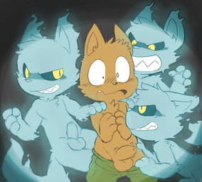 anthro balls black_sclera blush bully chest_tuft claws clothed clothing clothing_pull erection flaccid foreskin genitals green_clothing green_underwear grin group imminent_rape imminent_sex intimidation male male/male mostly_nude naughty_face nude open_mouth pawpads penis scared shota smile teeth topless tuft underwear underwear_pull yellow_eyes young young_anthro young_male young_on_young oob canid canine canis domestic_dog ghost mammal spirit 2017 hi_res
