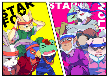 accessory anthro black_nose blue_body blue_fur blue_hair brown_body brown_fur clothing eyewear fur grey_body grey_fur group hair hair_accessory headband male race short_hair text tracksuit white_body white_fur かずゆ nintendo star_fox andrew_oikonny falco_lombardi fox_mccloud leon_powalski peppy_hare pigma_dengar slippy_toad wolf_o'donnell amphibian ape avian bird canid canine canis chameleon domestic_pig fox frog haplorhine japanese_macaque lagomorph leporid lizard macaque mammal monkey old_world_monkey primate rabbit reptile scalie suid suine sus_(pig) wolf english_text