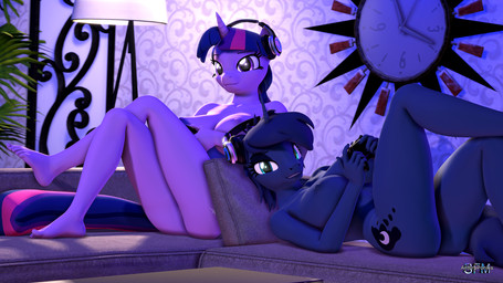 anthro anthrofied big_breasts breasts controller crossed_legs duo electronics female headphones horn nipples nude anthroponiessfm friendship_is_magic hasbro my_little_pony mythology gamer_princess_luna princess_luna_(mlp) twilight_sparkle_(mlp) equid equine mammal mythological_creature mythological_equine unicorn 16:9 3d_(artwork) digital_media_(artwork) hi_res widescreen