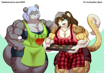 anthro apron biceps big_breasts big_muscles breasts chest_tuft cleavage clothed clothing cookie female food hair huge_muscles muscular muscular_anthro muscular_female muscular_thighs pecs pecs_with_breasts ponytail smile solo tattoo thick_thighs tuft razzberryboat mama_snow_(razzberryboat) felid leopard mammal pantherine snow_leopard absurd_res hi_res