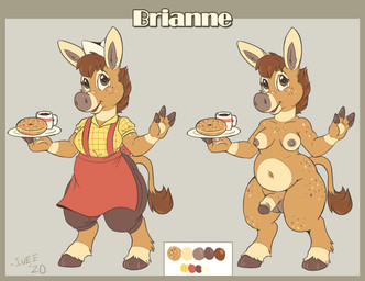 4_fingers anthro apron bagel balls belly beverage bread breasts brown_body brown_eyes brown_fur brown_hair clothed clothing coffee coffee_mug color_swatch deep_navel eyelashes fingers food foreskin freckles fur genitals gynomorph hair hat headgear headwear hoof_hands hooved_fingers hooves humanoid_genitalia humanoid_penis intersex markings navel nude penis simple_background solo spots spotted_body spotted_fur tan_body tan_fur text thick_thighs unguligrade waiter shellyochunks brianne_(bearnaise) asinus donkey equid equine mammal 2020 character_name hi_res model_sheet signature