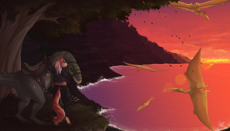 ambiguous_gender anthro bridle claws cliff clothed clothing digitigrade duo eyes_closed feathered_wings feathers female feral grass hair leaf pink_hair plant saddle sea standing sunset tree water wave wings detts canid canine dinosaur dromaeosaurid mammal prehistoric_species pteranodon pteranodontid pterosaur reptile scalie theropod velociraptor 2015 hi_res