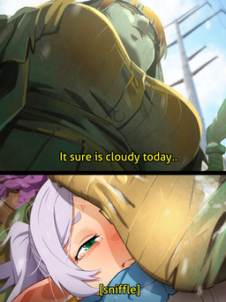 big_breasts blue_scarf blush blush_lines bodily_fluids breasts clothed clothed_female clothed_humanoid clothing cloud crying day eyebrows eyelashes female female_humanoid green_eyes green_pupils grey_eyebrows grey_hair hair humanoid_pointy_ears light long_hair low-angle_view lying mouth_closed not_furry on_back outside pointy_ears power_lines pupils sad scarf sculpture solo statue tears text topwear white_clothing white_topwear yellow_text khyleri frieren_beyond_journey's_end fern_(frieren) frieren elf humanoid 2025 3:4 absurd_res english_text hi_res lighting shaded