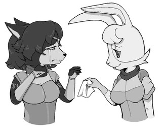 anthro armor bodily_fluids circlet clothing crying duo female futuristic_clothing gem hair sad tears tissue alekoin nintendo star_fox krystal_(star_fox) lucy_hare canid canine fox hare lagomorph leporid mammal hi_res monochrome
