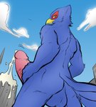 anthro balls blue_body blue_fur bodily_fluids building city cloud cum fur genital_fluids genitals looking_down looming low-angle_view macro male penis rear_view sky solo vein veiny_penis ryeono_kemo siman-clifton nintendo star_fox falco_lombardi avian bird 2020 absurd_res hi_res