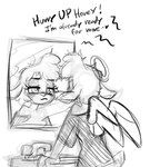 4_fingers anthro back_wings bathroom black_text clothing dead_eyes dialogue eyebrows eyelashes faucet feathered_wings feathers female female_anthro fingers fur half-closed_eyes halo heart_symbol inside leaning leaning_forward leaning_on_object looking_at_reflection mirror mouth_closed narrowed_eyes offscreen_character reflection sad shirt short_sleeves short_tail sink t-shirt tail talking_to_another term_of_endearment text topwear wings wool_(fur) soulcentinel helluva_boss keenie_(helluva_boss) angel bovid caprine cherub mammal sheep english_text greyscale monochrome sketch