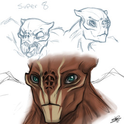 ambiguous_gender bared_teeth brown_body green_eyes looking_at_viewer multicolored_body open_mouth simple_background solo teeth white_background deezmo super_8 alien humanoid 1:1 2012 sketch