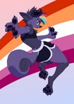 absurd_res action_pose ambiguous_gender anthro biped bottomwear claws clothed clothing crop_top digital_media_(artwork) dolphin_shorts fur furgonomics hair hi_res horn lesbian_pride_colors lgbt_pride mammal orange_lesbian_pride_colors pansexual_pride_colors pawpads paws pose pride_color_highlights pride_colors shirt shorts simple_background solo tail tail_button_bottoms tail_clothing takiminada topwear