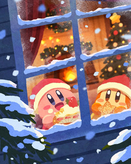 ambiguous_gender blue_eyes blush blush_stickers cake candle christmas_clothing christmas_decorations christmas_headwear christmas_lights christmas_tree christmas_wreath clothing curtains dessert detailed_background duo fire fireplace food food_on_face fruit happy hat headgear headwear holding_food holding_object holidays looking_at_viewer looking_out_window looking_outside mouthless not_furry open_mouth open_smile orange_body orange_eyes pink_body plant plate red_body santa_hat smile snow snowing snowing_outside star_symbol strawberry tan_body tree window yellow_body ara_love_kirby christmas kirby_(series) nintendo kirby waddle_dee waddling_head 4:5 hi_res