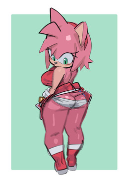 accessory anthro big_breasts blush boots bracelet breasts butt clothing dress eyelashes female footwear fur gloves green_eyes hair_accessory hairband handwear jewelry looking_back pink_body pink_fur shoes simple_background solo tail teal_background underwear xmortem sega sonic_the_hedgehog_(series) amy_rose eulipotyphlan hedgehog mammal hi_res