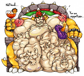 abdominal_bulge after_vore anthro balls belly big_balls big_belly chair cock_vore furniture genitals horn huge_balls huge_belly hyper hyper_balls hyper_genitalia male male_pred moobs multiple_prey nipples penile penile_spines penis prey_outline same_size_vore throne vore wngrve mario_bros nintendo bowser koopa reptile scalie turtle hi_res