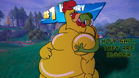 anthro beak belly big_belly black_eyes dialogue dominant dominant_male duo eye_roll feathers french_kissing green_body hand_on_belly hand_on_moob kissing male male/male moob_grab moobs text tongue tongue_out victory_royale yellow_body yellow_feathers vandoughy epic_games family_guy fortnite fortnite:_battle_royale ernie_the_giant_chicken ziggy_(fortnite) avian bird chameleon chicken galliform lizard phasianid reptile scalie 16:9 2025 4k absurd_res digital_media_(artwork) english_text hi_res widescreen