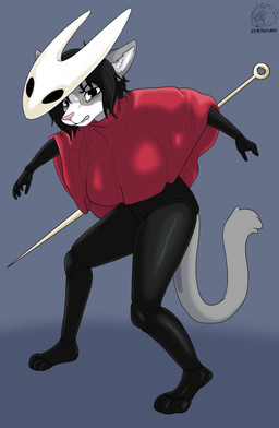 anthro black_eyes black_hair cosplay female fur grey_body grey_fur hair pink_nose solo white_body white_fur allartskye hollow_knight:_silksong hollow_knight_(franchise) team_cherry evelyne_(allartskye) hornet_(hollow_knight) domestic_cat felid feline felis mammal hi_res