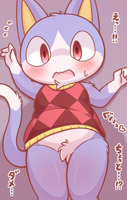 4_fingers anthro blue_body blue_fur blush bodily_fluids bottomless bottomless_male clothed clothing embarrassed featureless_crotch fingers fur looking_at_viewer lying lying_on_ground male male_anthro on_back on_ground open_mouth raised_arms red_clothing red_eyes red_sweater red_topwear shadow solo sweat sweater text topwear white_body white_fur urumin3939 animal_crossing nintendo rover_(animal_crossing) domestic_cat felid feline felis mammal 2024 japanese_text translated