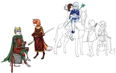 anthro axe blue_clothing bridle clothed clothing female feral fur green_clothing grey_body grey_ears grey_fur group hair holding_object male melee_weapon reins riding saddle scabbard sheathed_weapon simple_background staff sword weapon white_background young young_anthro young_human aogami canid canine canis equid equine fox horse human mammal suid suine sus_(pig) wild_boar wolf 2020 absurd_res hi_res unfinished