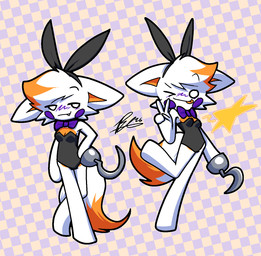 anthro bow_tie breasts bunny_costume cleavage clothed clothing costume fake_ears fake_rabbit_ears female gesture hand_gesture holidays hook looking_at_viewer purple_bow_tie solo toony v_sign virus artistbroth easter five_nights_at_freddy's five_nights_at_freddy's_world five_nights_at_frickbear's_(series) five_nights_at_frickbear's_3 scottgames lolbit_(fnaf) lolbit_(frickbear's) canid canine fox mammal 2026 digital_media_(artwork) hi_res nonbinary_(lore)