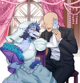 5_fingers anthro bald big_breasts black_tie_(suit) blue_body blue_hair blue_scales blush bouquet breasts cleavage clothed clothing detailed_background digit_ring dress duo eyes_closed female fingers flower flower_bouquet freckled_chest freckled_face freckles hair human_on_anthro husband husband_and_wife inside interspecies jewelry light-skinned_male light_body light_skin male male/female married_couple mature_anthro mature_female open_mouth open_smile plant puffy_sleeves ring scales sitting smile snout suit text wedding wedding_dress wedding_ring wedding_veil wife jazzelart cavemanon_studios snoot_game anon_(snoot_game) nova_(snoot_game) baryonyx dinosaur human mammal prehistoric_species reptile saurischian scalie spinosaurid theropod 2025 absurd_res artist_name digital_drawing_(artwork) digital_media_(artwork) hi_res watermark