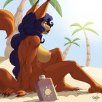 anthro areola big_breasts blue_hair breasts butt ear_piercing ear_ring exposure_variation female fur hair nipples nude orange_body orange_fur palm_tree piercing plant ring_piercing sand side_boob sitting solo tree kevinsano sly_cooper_(series) sony_corporation sony_interactive_entertainment sucker_punch_productions carmelita_fox canid canine fox mammal 1:1 2023