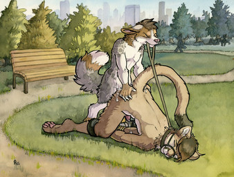anal anal_penetration anthro anthro_on_anthro bdsm bench bodily_fluids bondage bound butt collar collar_only cum cum_on_butt dominant dominant_male duo erection eyes_closed from_behind_position genital_fluids genitals holding_leash holding_object humiliation interspecies leash leash_in_mouth leash_pull lying male male/male male_penetrated male_penetrating male_penetrating_male mouth_hold muzzle_(object) muzzled nude object_in_mouth on_front outside outside_sex park penetration penis public public_humiliation public_nudity public_sex raised_tail restraints rope sex spread_legs spreader_bar spreading submissive submissive_male tail ruaidri canid canine canis cougar domestic_dog felid feline mammal 2015 painting_(artwork) traditional_media_(artwork) traditional_painting_(artwork) traditional_watercolor_(artwork) watercolor_(artwork)