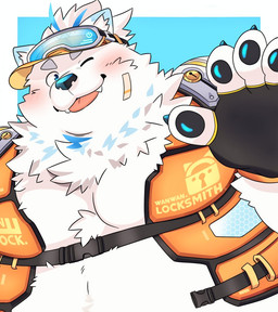 anthro belly blep blush clothing fur hat headgear headwear life_jacket male one_eye_closed overweight pawpads solo tongue tongue_out visor_cap white_body white_fur wink kitakuma_08 lifewonders live_a_hero yohack canid canine canis domestic_dog mammal