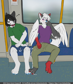 anthro asymmetrical_coloring black_hair black_nose blue_bottomwear blue_clothing blue_nose blue_pawpads blue_shorts blush bodily_fluids bottomwear bulge claws clothed clothed_gynomorph clothed_male clothing collar covering covering_mouth cum cum_drip cum_in_clothing cum_on_another cum_on_hand cum_on_pants cum_on_paw cum_through_clothing cum_through_pants cumshot curled_tail detailed_bulge digitigrade dipstick_ears dipstick_tail dripping duo ear_markings ejaculation erection erection_under_clothing feathered_wings feathers fur genital_fluids green_bottomwear green_clothing green_pants green_shirt green_t-shirt green_topwear grey_body grey_ears grey_fur gynomorph gynomorph/male hair intersex intersex/male male markings masturbation masturbation_through_clothing multicolored_ears oblivious pants pawpads penile penile_masturbation public public_masturbation public_transportation purple_clothing purple_eyes purple_shirt purple_t-shirt purple_topwear questionable_consent red_body red_collar red_ear_tips red_fur shirt shorts sitting sleeping sleeping_on_awake t-shirt tail tail_markings text topwear train vehicle wet wet_clothing white_body white_claws white_fur white_hair white_inner_ear white_wings wings fuzzywuff chelsea_chamberlain wuffkitty_(character) canid canine canis domestic_dog folfitty karelian_bear_dog mammal spitz artist_name hi_res url