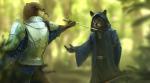 5_fingers anthro black_nose blue_eyes blurred_background brown_body brown_fur clothed clothing detailed_background duo fingers fur holding_melee_weapon holding_object holding_sword holding_weapon male melee_weapon smile sword weapon nomax felid mammal mustelid otter pantherine 2019 digital_media_(artwork)