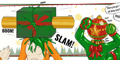 anthro ball ball_hood bdsm biped blank blind bondage bound collar decoration dialogue disability drone faceless femboy festive forced gift_wrapped holidays hood hooded latex mask ornament plant restrained sealed solo speech_bubble text transformation trapped tree rubberjett christmas canid canine fox mammal absurd_res digital_media_(artwork) english_text half-length_portrait hi_res portrait sequence